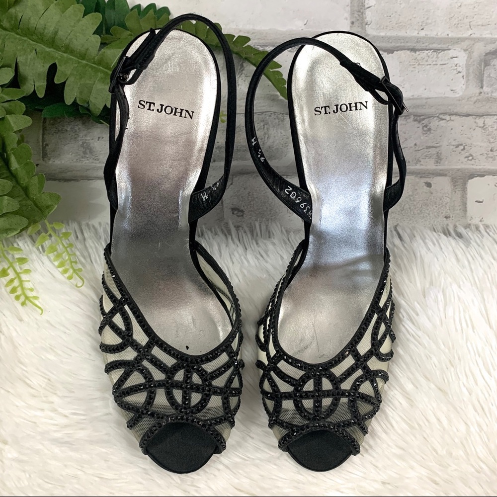 ST. JOHN • Jeweled Black Peep Toe Slingback Heels